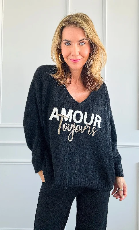 Amour Toujours V-Neck Italian Knit Sweater- Black