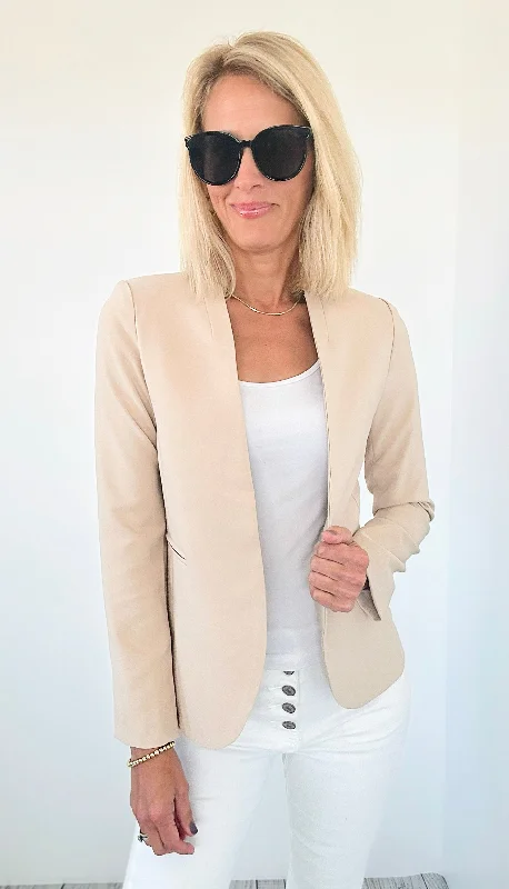 Collarless Open Front Blazer - Khaki