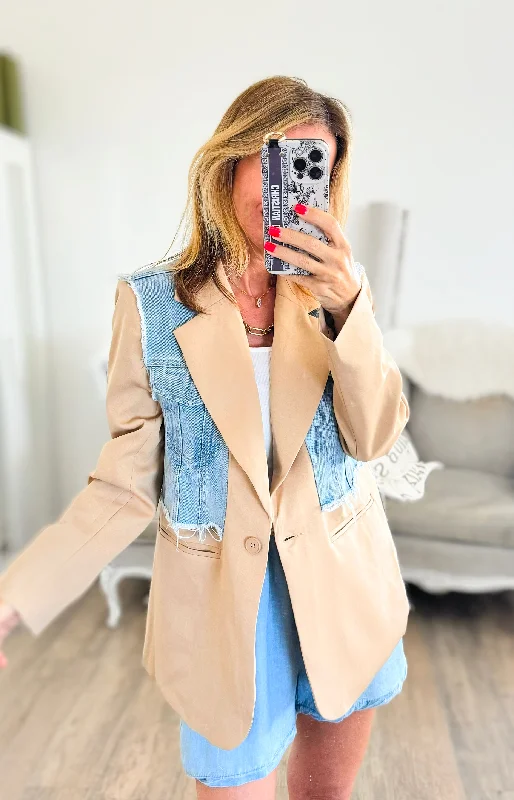 Contrast Denim Vest Blazer- Camel