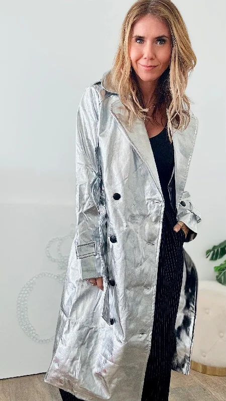 Metallic Trench Coat-Silver