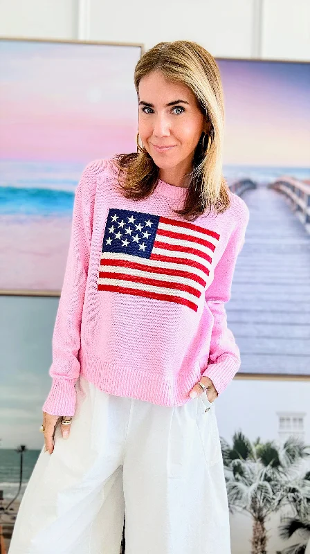 Embroidered Detailed Flag Knit Sweater-Cherry Pink