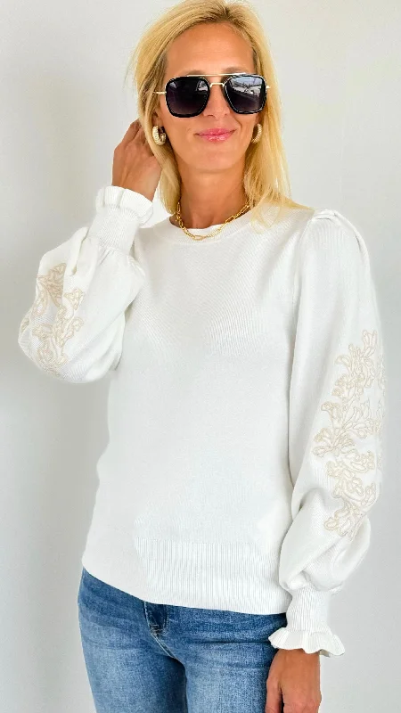 Embroidered Ruffle Cuff Sweater