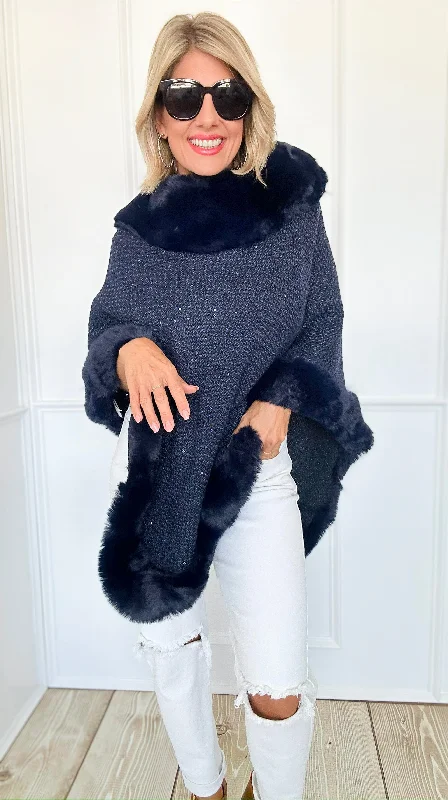 Midnight Glam Faux Fur Poncho - Navy