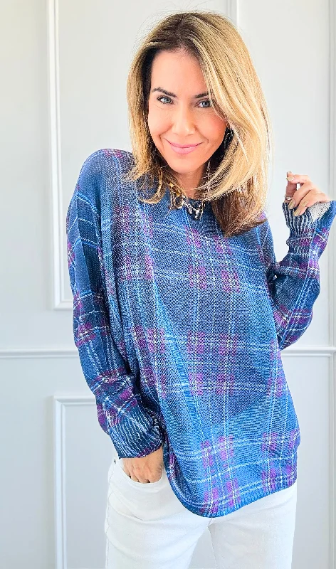 Festive Plaid St Tropez Italian Knit Sweater- Cobalt Blue