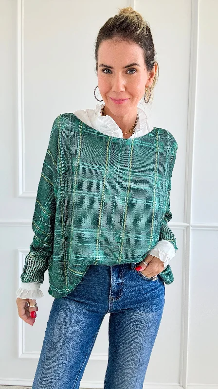 Festive Plaid St Tropez Italian Knit Sweater- Green