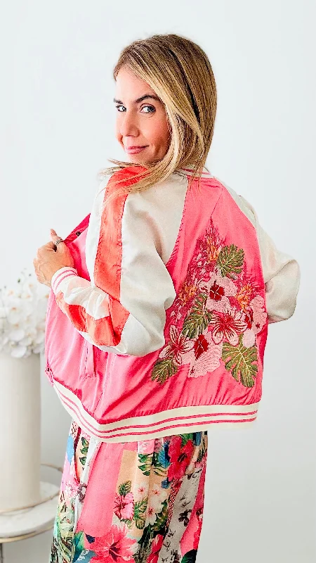 Reversible Patchwork Baseball Jacket-Coral