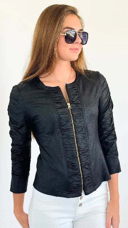 Ruched Zip-Up Leather Jacket