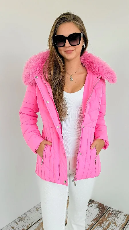 Fur Collar Puffer Jacket- Pink