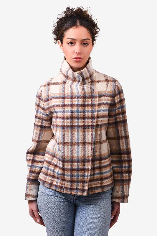 AKRIS Beige Wool Tartan Asymmetrical Fleece Jacket Size 2