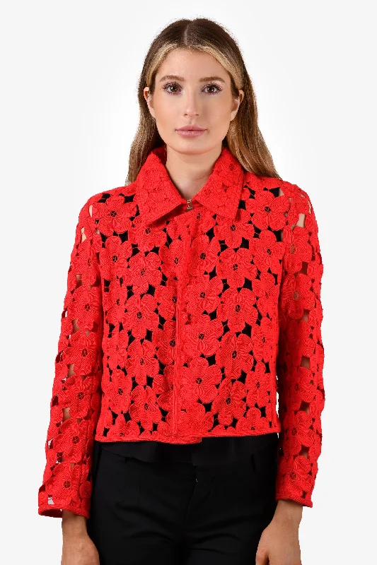 Akris Red Crochet Knit Jacket Size 8