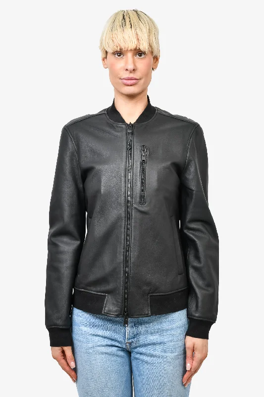 All Saints Black Leather Zip-Up Bomber Jacket Size S