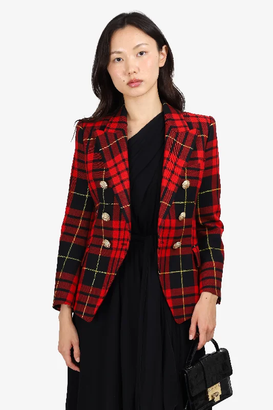 Balmain Red Plaid Blazer with Gold Buttons Size 38