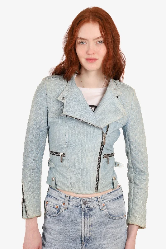 Barbara Bui Blue Jean Embroidered Quilted Pleated Leather Biker Jacket Size XS