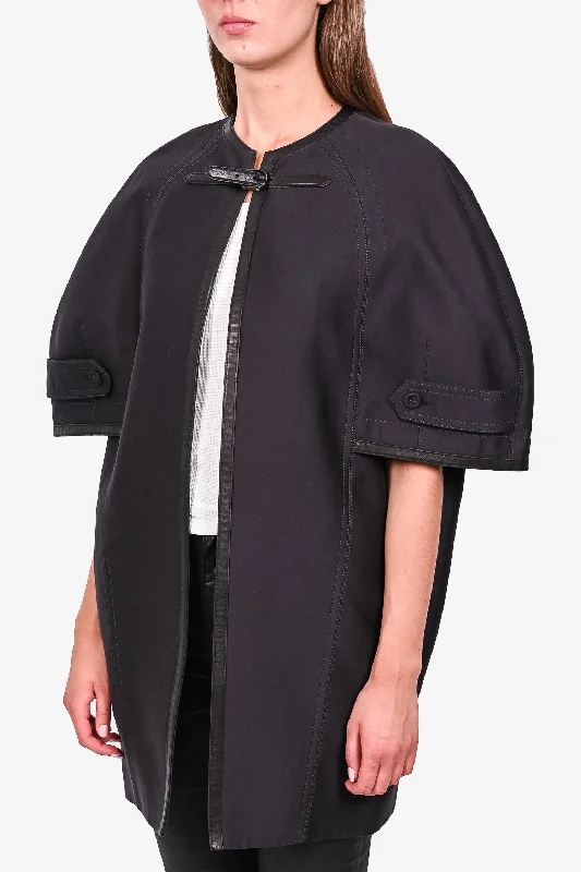 Burberry Black Cotton/Silk/Leather Trimmed Cape with Buckle Neck Closure Size 40