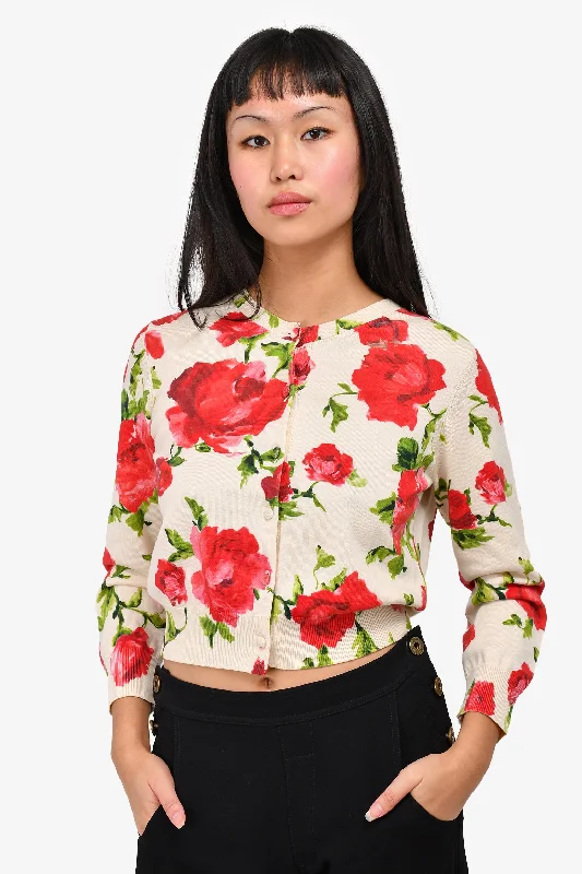 Carolina Herrera Cream/Red Rose Printed Silk/Cotton Cardigan Size S