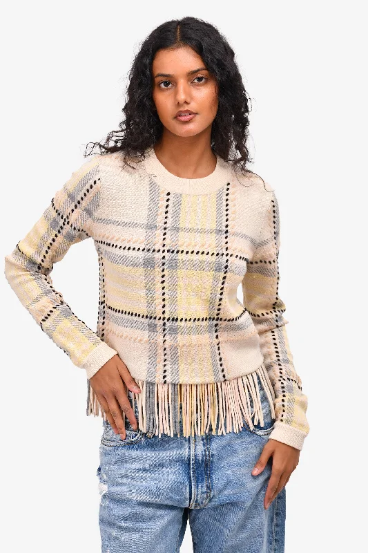 Chloe Beige Plaid Patterned Fringe Detail Sweater Size XS