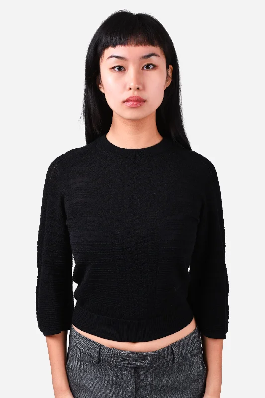 Chloe Black Wool Textured Knit 3/4 Sleeve Sweater Size S