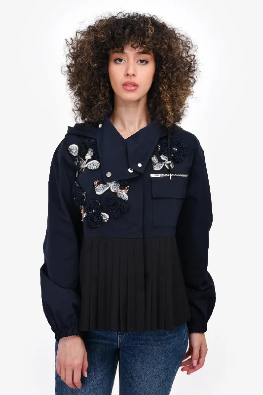 Christian Dior 2016 Runway Navy Pleated Embroidered Cropped Jacket Size 6 US