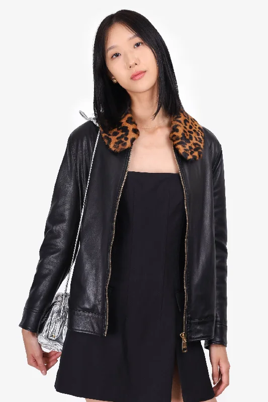 Dolce & Gabbana Black Lambskin Leopard Print Jacket Size 44