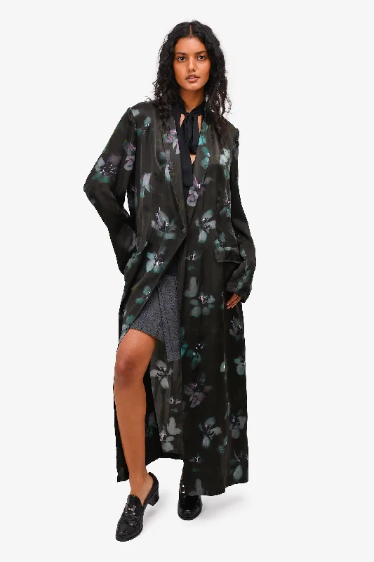 Dries Van Noten Black/Teal Floral Silk Duster Size 40