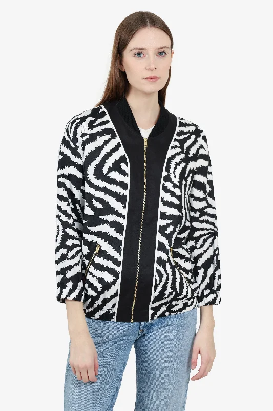 Escada Black/White Linen Zebra Print Bomber Jacket size 38