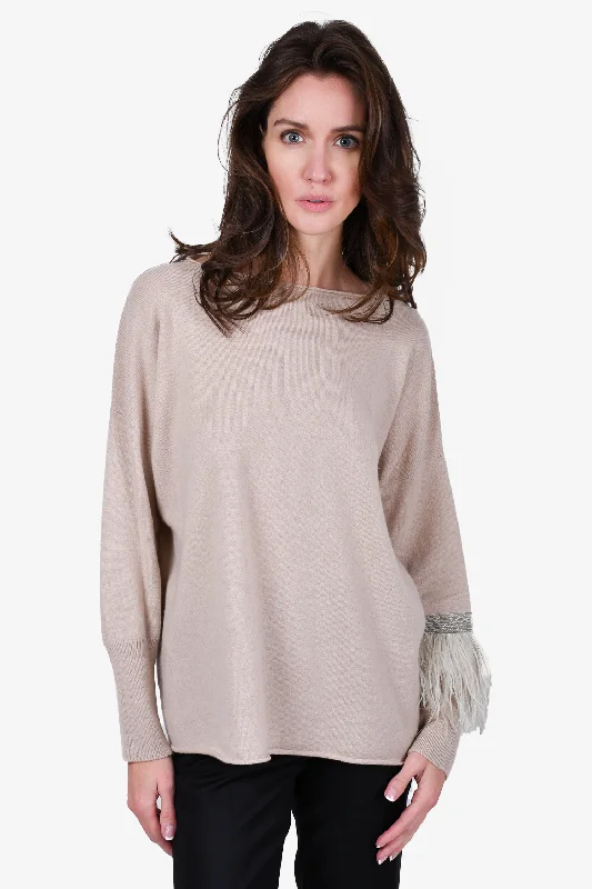 Fabiana Filippi Beige Cashmere Boatneck Sweater with Feather Sleeve Est. Size S/M