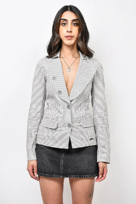 Galliano White/Blue Pinstripe Button-Up Denim Collared Jacket Size 38