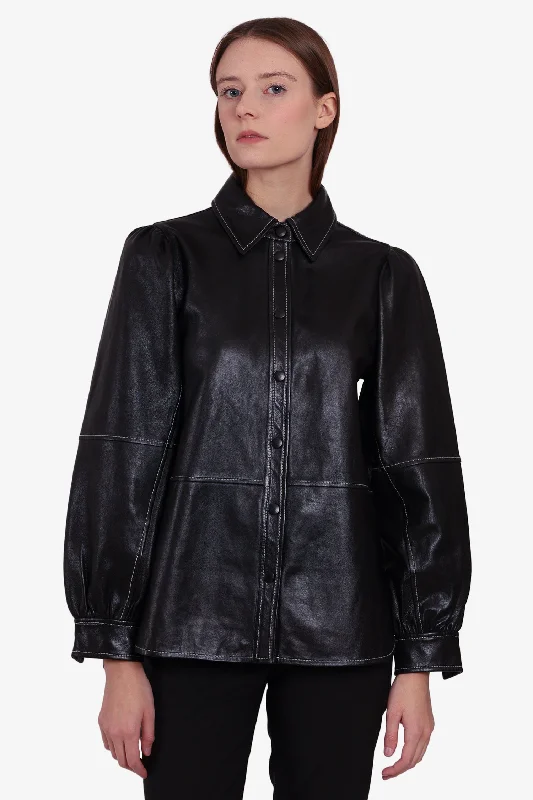 Ganni Black Leather Button Up Jacket Size 38