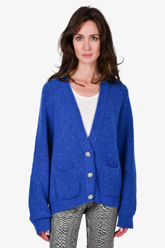 Ganni Blue Wool Crystal Button Cardigan Size XL