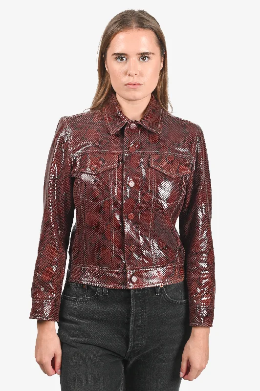 Ganni Burgundy Patent Snake Printed Cropped Jacket Size 38