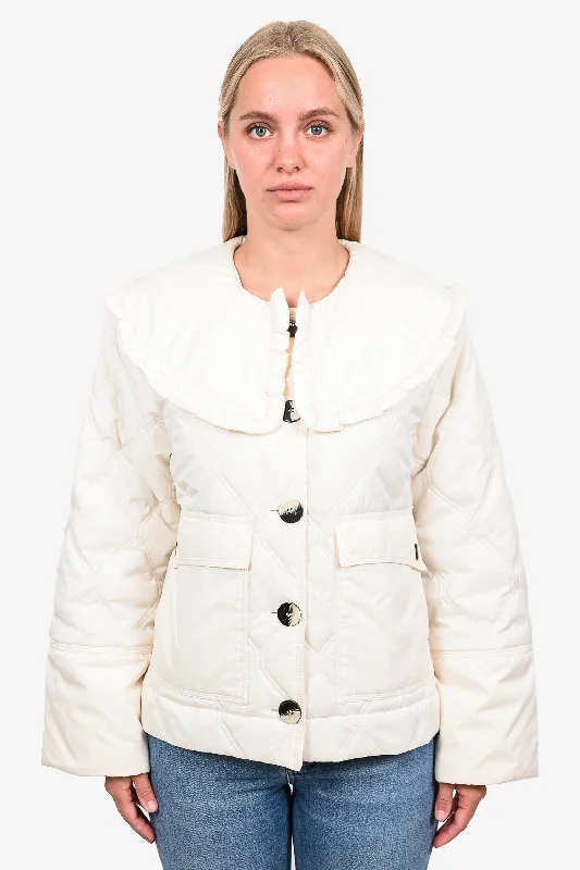 Ganni Cream Quilted Ruffle Lapel Short Puffer Jacket sz 36