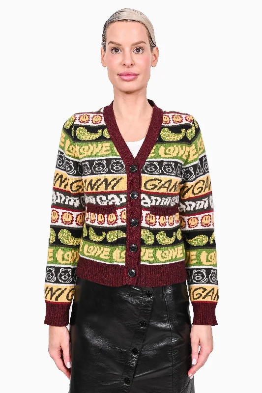 Ganni Green/Burgundy Smiley Logo Patterned Cardigan sz XS