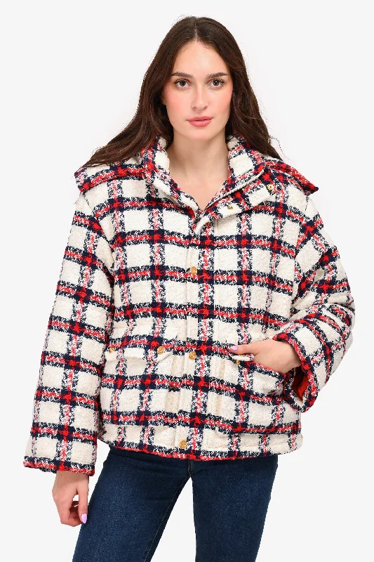 Gucci 2021 White/Navy/Red Checked Hooded Padded Jacket Size 40