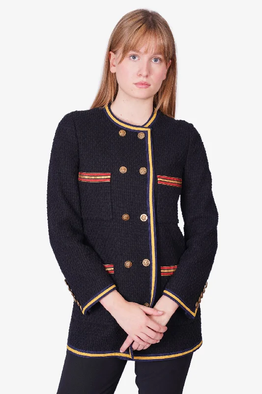 Gucci Black Tweed Double Breasted Jacket with Web Trim Detail Size 40