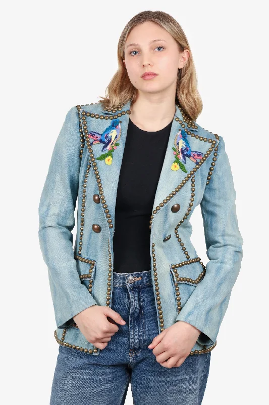 Gucci Blue Acid Washed Bird Embroidered Gold Studded Denim Blazer Size 42