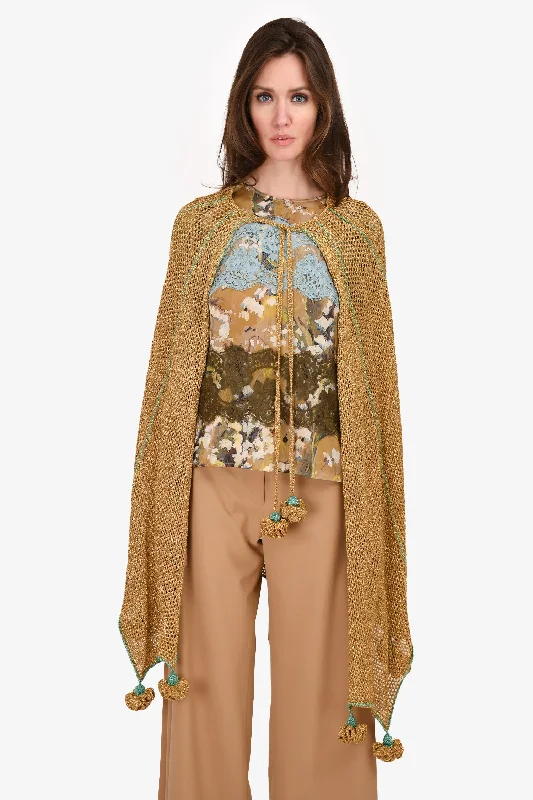 Gucci Gold Metallic/Teal Trimmed PomPom Cape Est. Size M