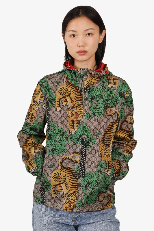 Gucci Green/Multicolor Monogram Nylon Tiger Print Hooded Jacket Size 44