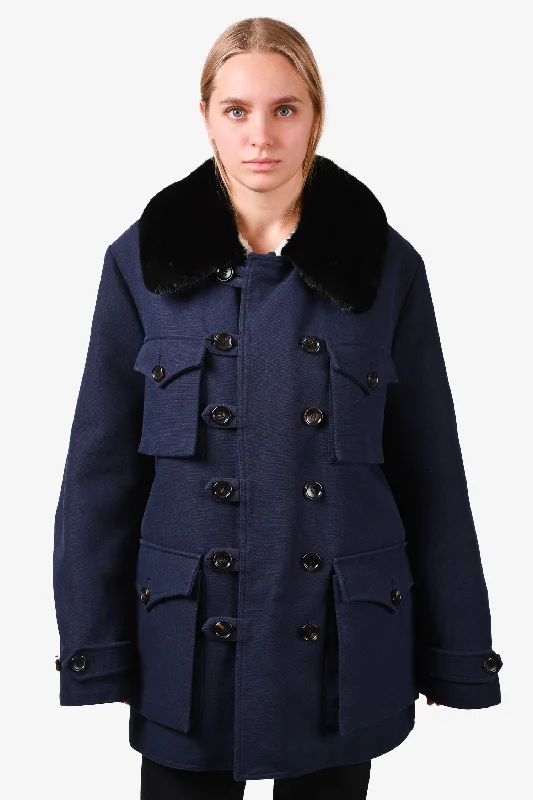 Gucci Navy Blue Canvas/Cream Shearling Lined Toggle Coat with Black Mink Fur Collar Est. Size M/L Mens