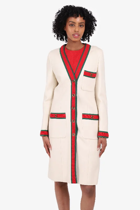 Gucci Off White Wool Web Trimmed Coat Size 40