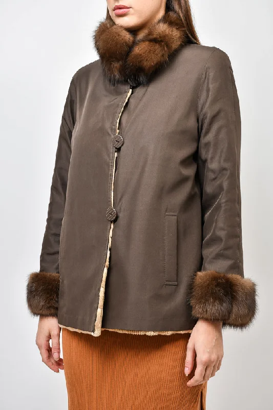 Holt Renfrew Brown Fur/Nylon Reversible Midi Coat with Fur Cuff & Neckline