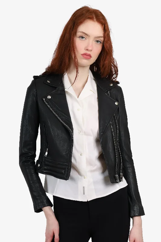 IRO Black Lamb Leather Cropped Biker Jacket Size 38