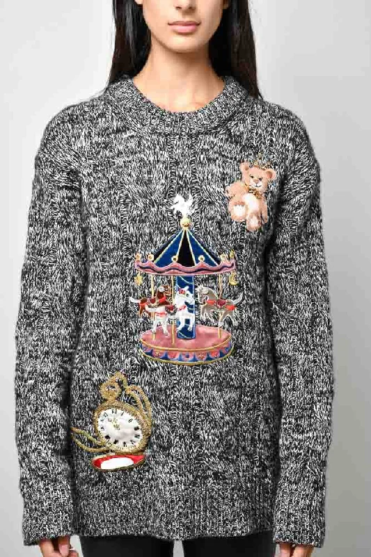 Dolce & Gabbana Black/White Cashmere Carousel Applique Sweater Size 42