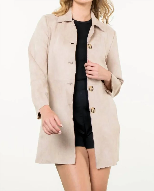 Button Up Suede Coat In Cream