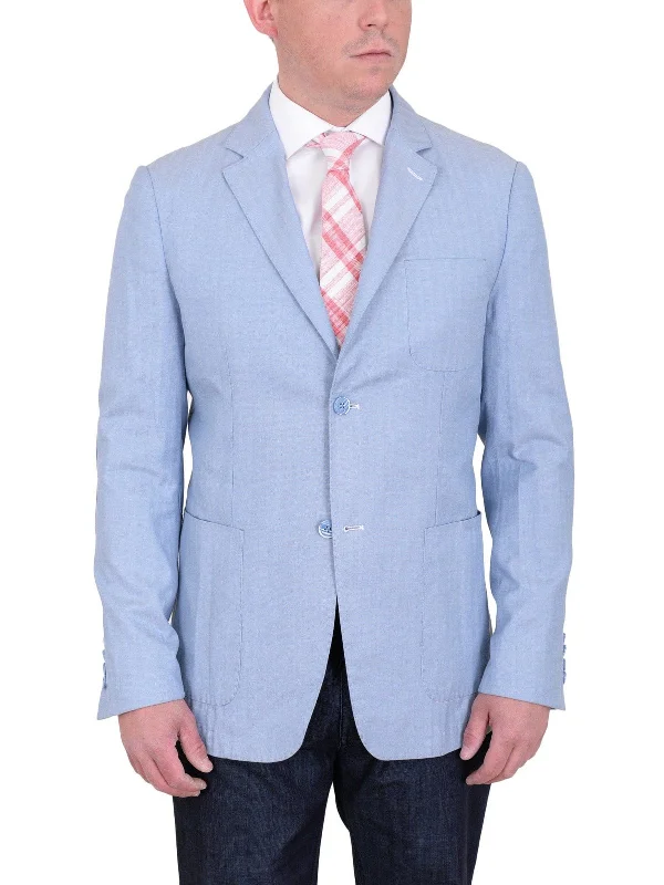 Mens Modern Fit Sky Blue Herringbone Unstructured Cotton Field Jacket Sportcoat