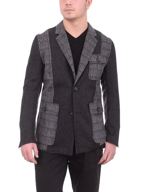 Mens Napoli Charcoal Gray Patchwork Unstructured Unlined Wool Sportcoat