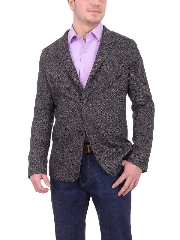 Mens Napoli Charcoal Textured Flannel Wool Sportcoat With Elbow Patches