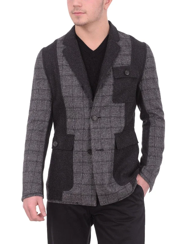 Mens Napoli Gray Black Plaid Unstructured Sportcoat With Patch Pockets