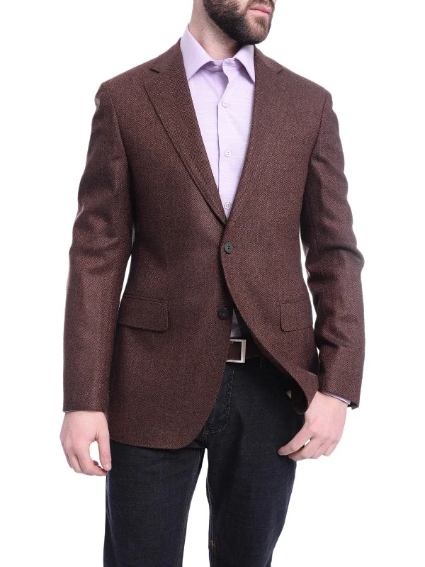 Napoli Slim Fit Brown Herringbone Half Canvassed Loro Piana Wool Sportcoat