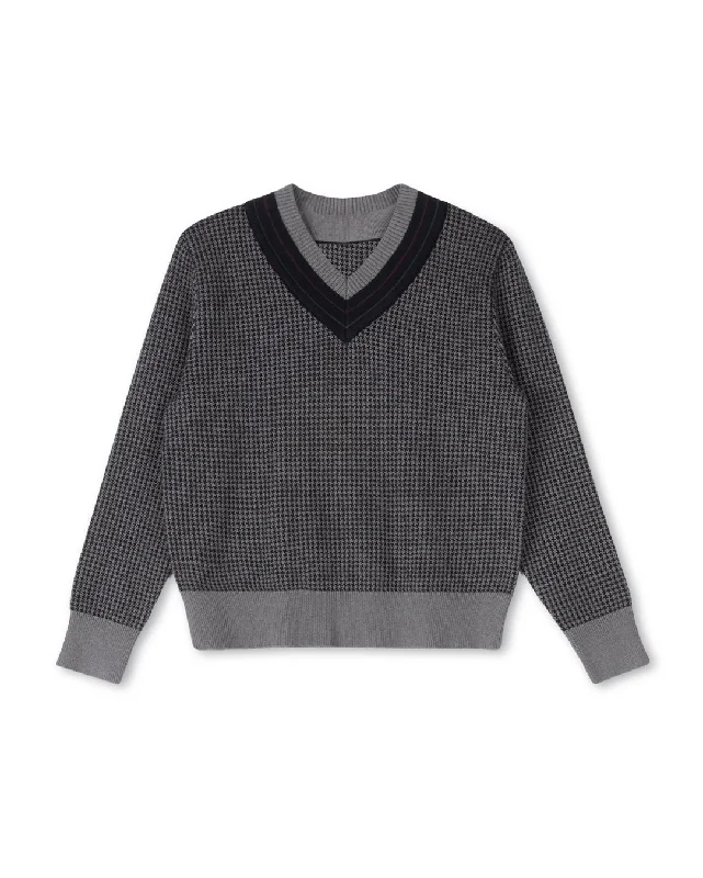 Checked Houndstooth Striped Trimming Sweater