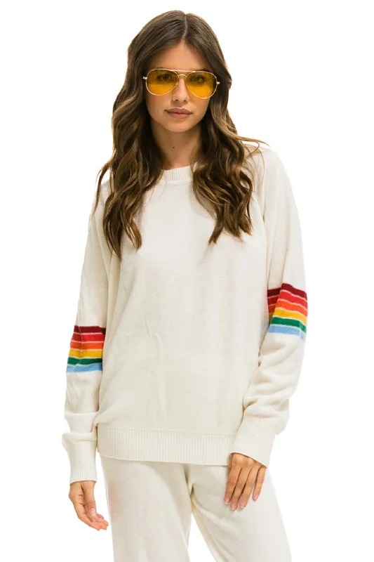 RAINBOW STRIPE SLEEVE UNISEX CASHMERE LIGHT SWEATER - VINTAGE WHITE